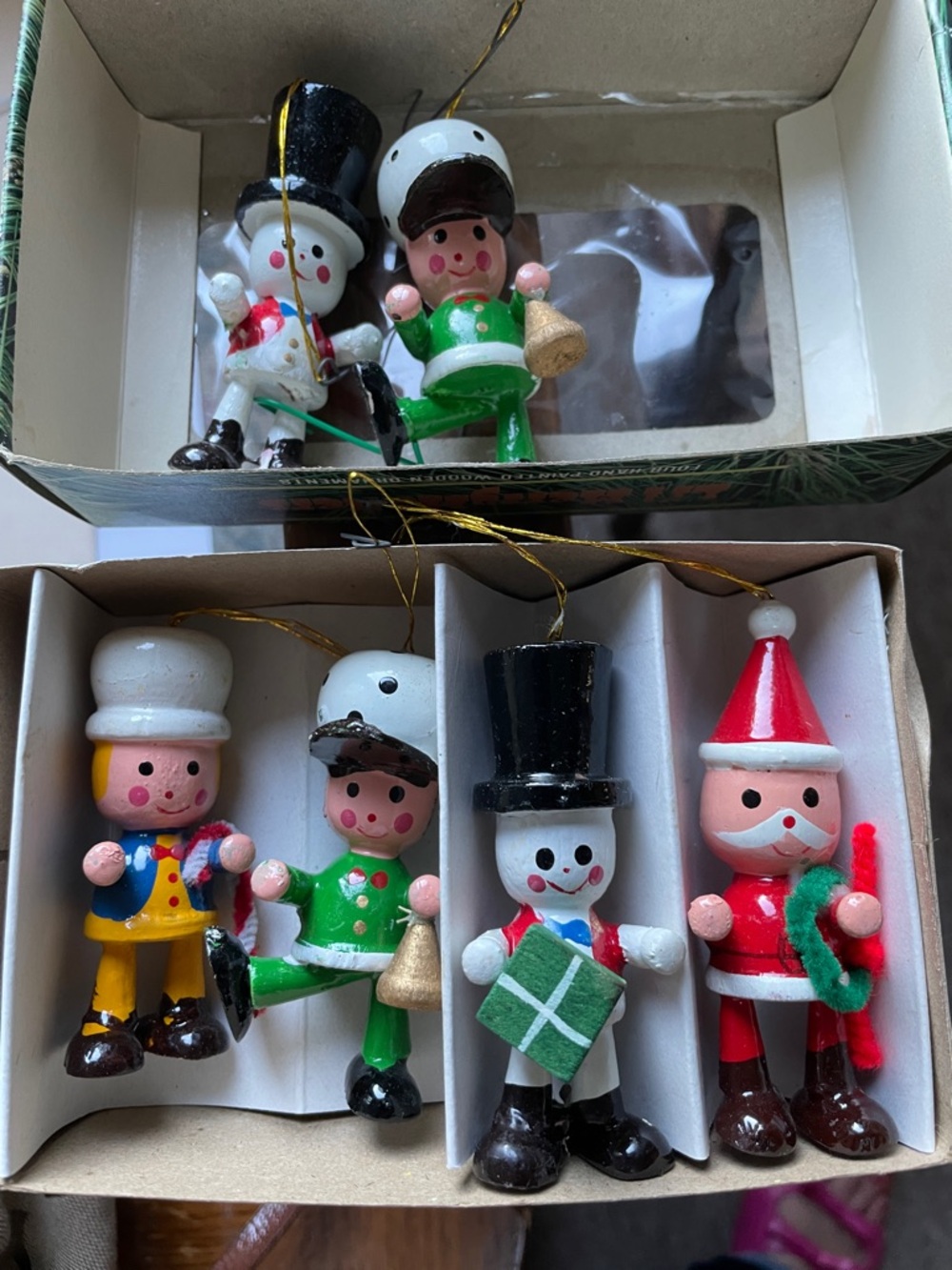 Set of 6 Wooden Christmas Ornaments - NutVTG Lot Wood Miniature Figurine Santa